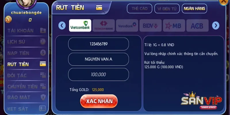 Hướng dẫn các bước rút tiền SANVIP chi tiết